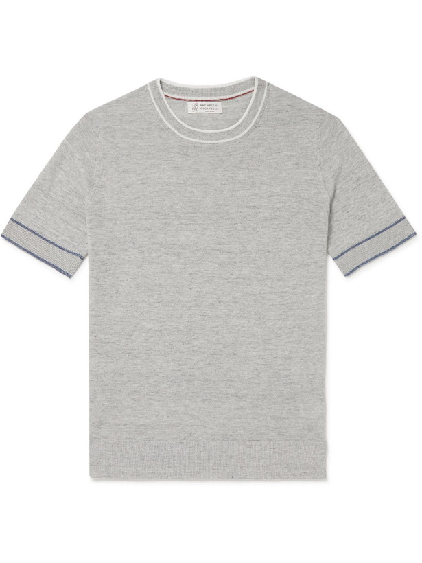 Photo: Brunello Cucinelli - Knitted Linen and Cotton-Blend T-Shirt - Gray