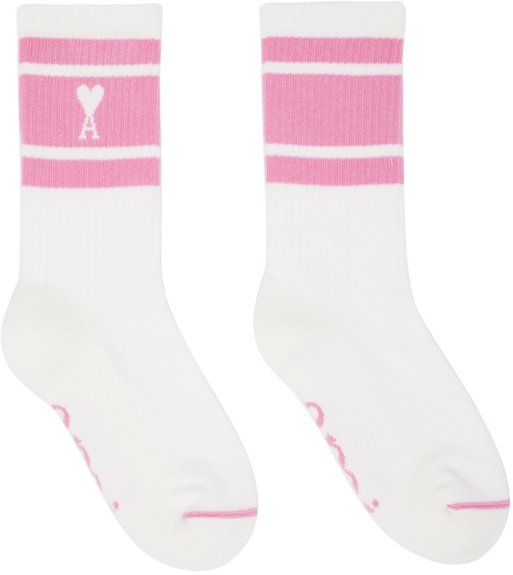Photo: AMI Paris White & Pink Ami de Cœur Striped Socks