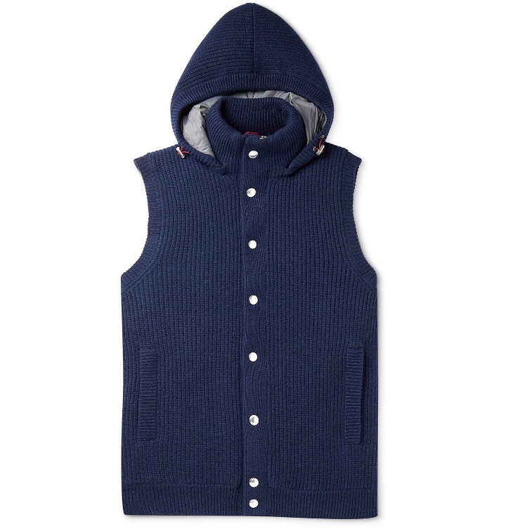 Photo: Brunello Cucinelli - Slim-Fit Ribbed Cashmere Hooded Down Gilet - Blue