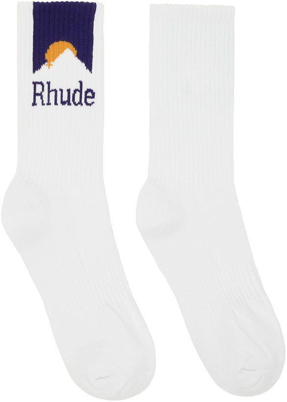 Photo: Rhude White & Navy Mountain Logo Socks