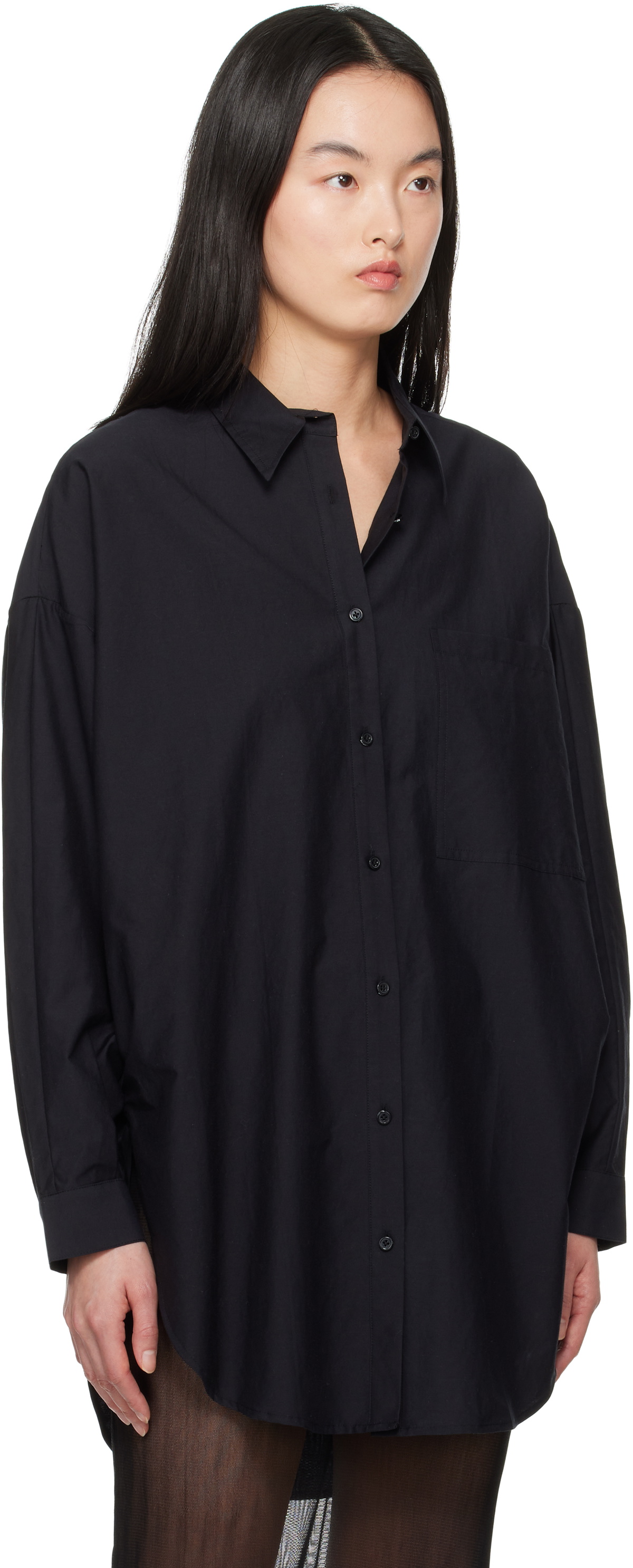 Silk Laundry Black Cotton Silk Round Shirt