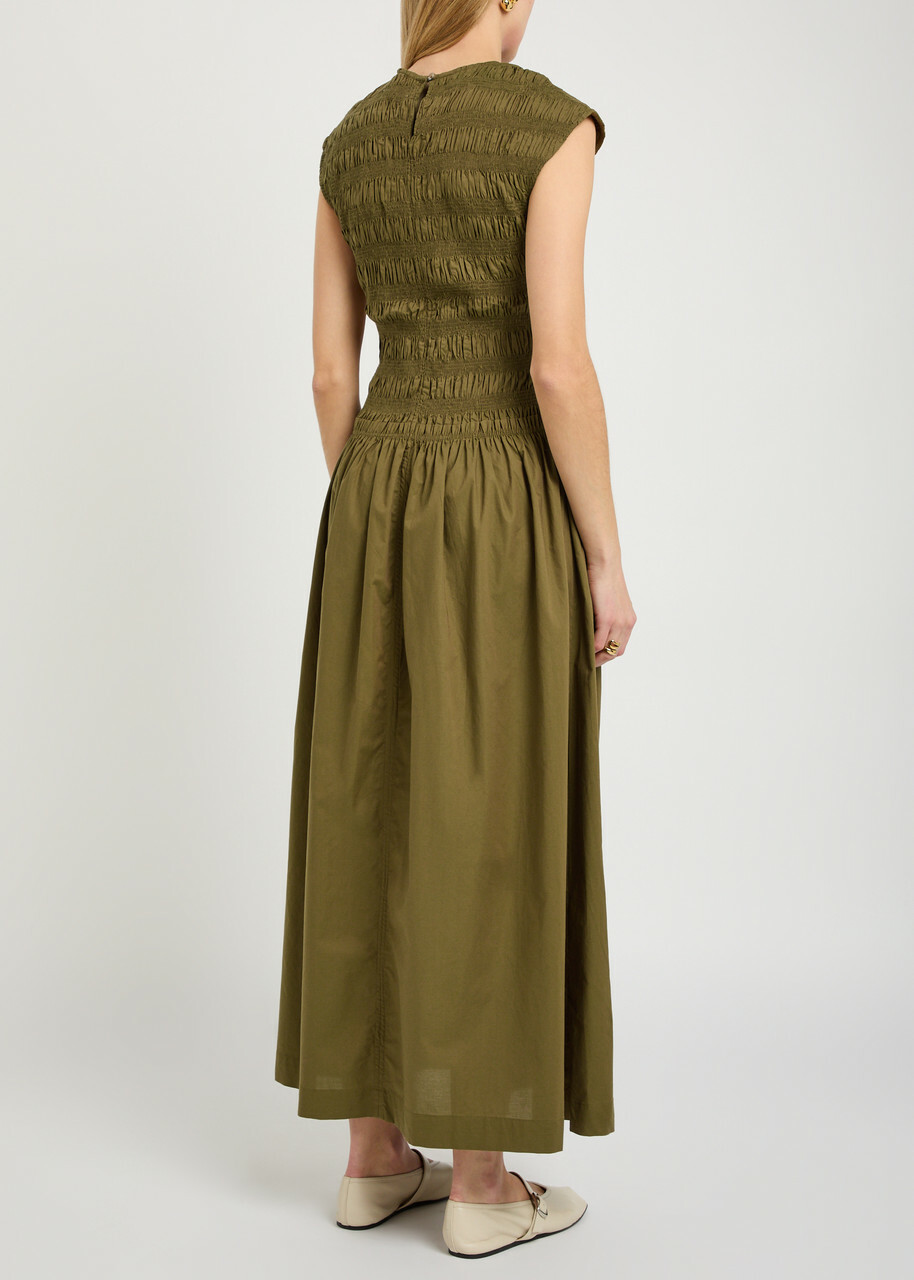 Faithfull The Brand Ale Smocked Cotton Midi Dress Green