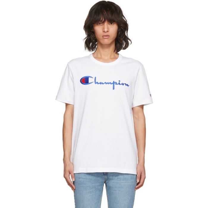Photo: Champion Reverse Weave White Embroidered Logo T-Shirt