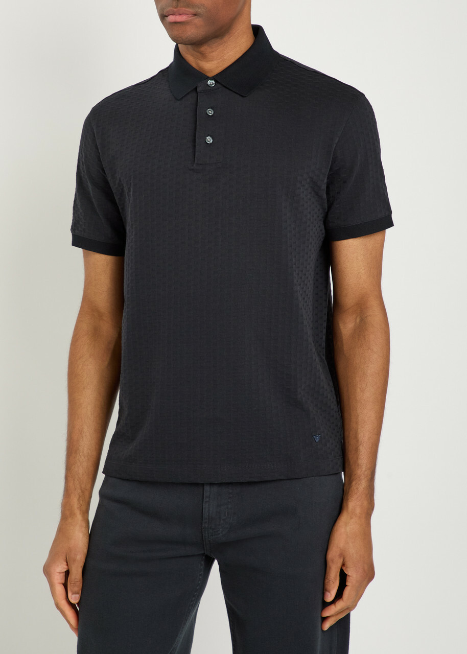 Emporio Armani Jacquard Logo-embroidered Cotton Polo Shirt Navy