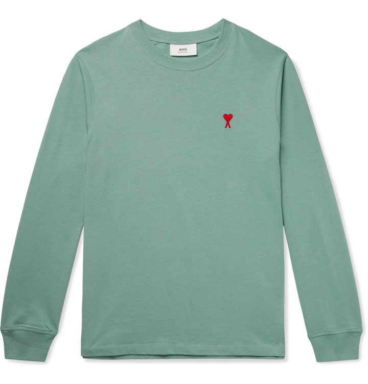Photo: AMI PARIS - Logo-Embroidered Organic Cotton-Jersey T-Shirt - Green