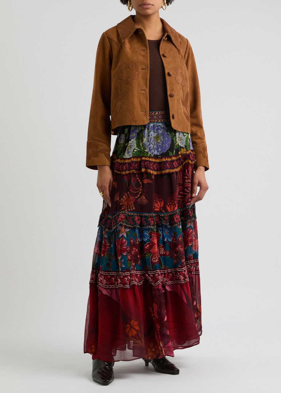 Farm Rio Ruffled Floral-print Chiffon Maxi Skirt Red