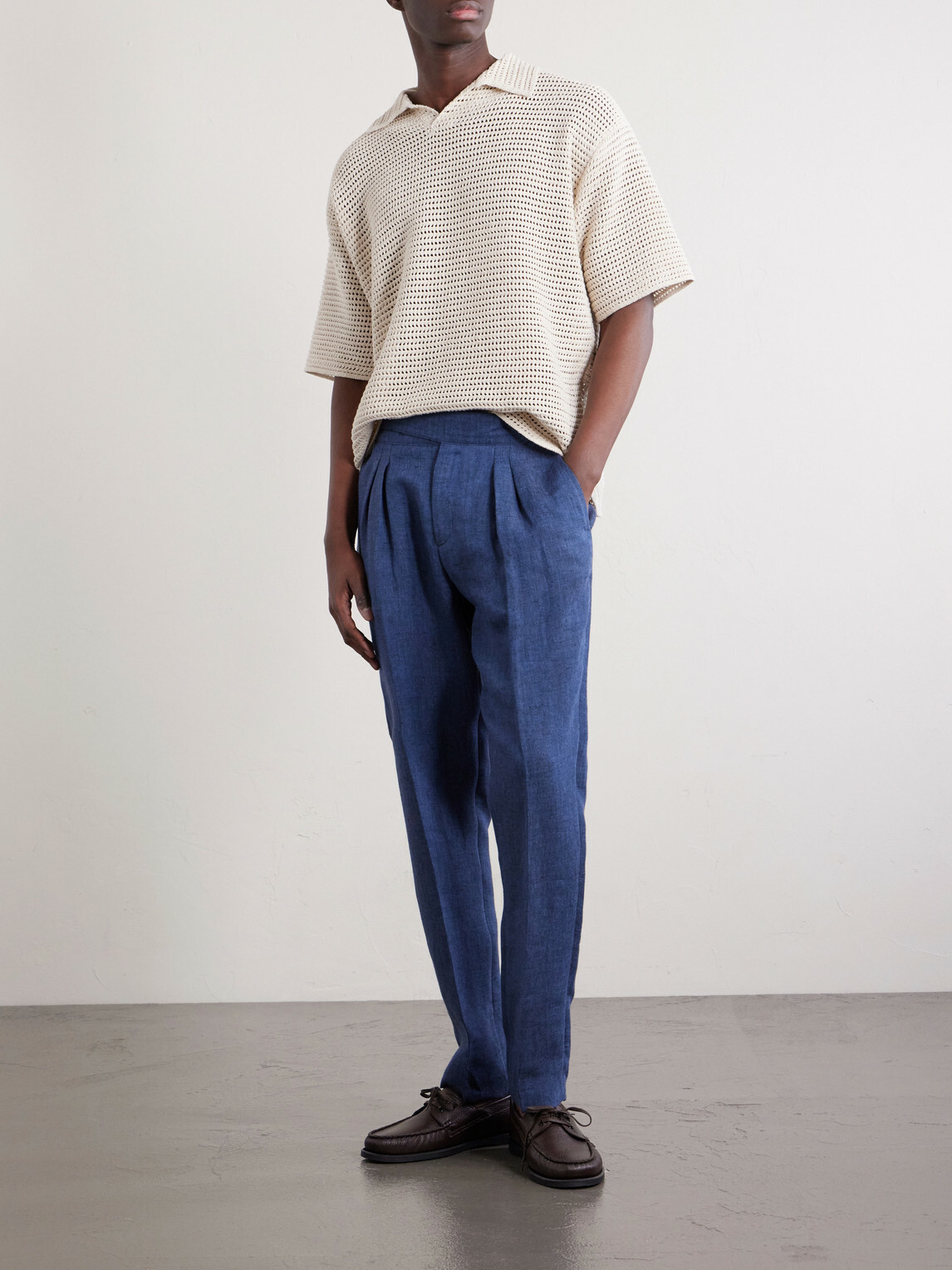 Mr P. - Steve Tapered Pleated Herringbone Linen Trousers - Blue