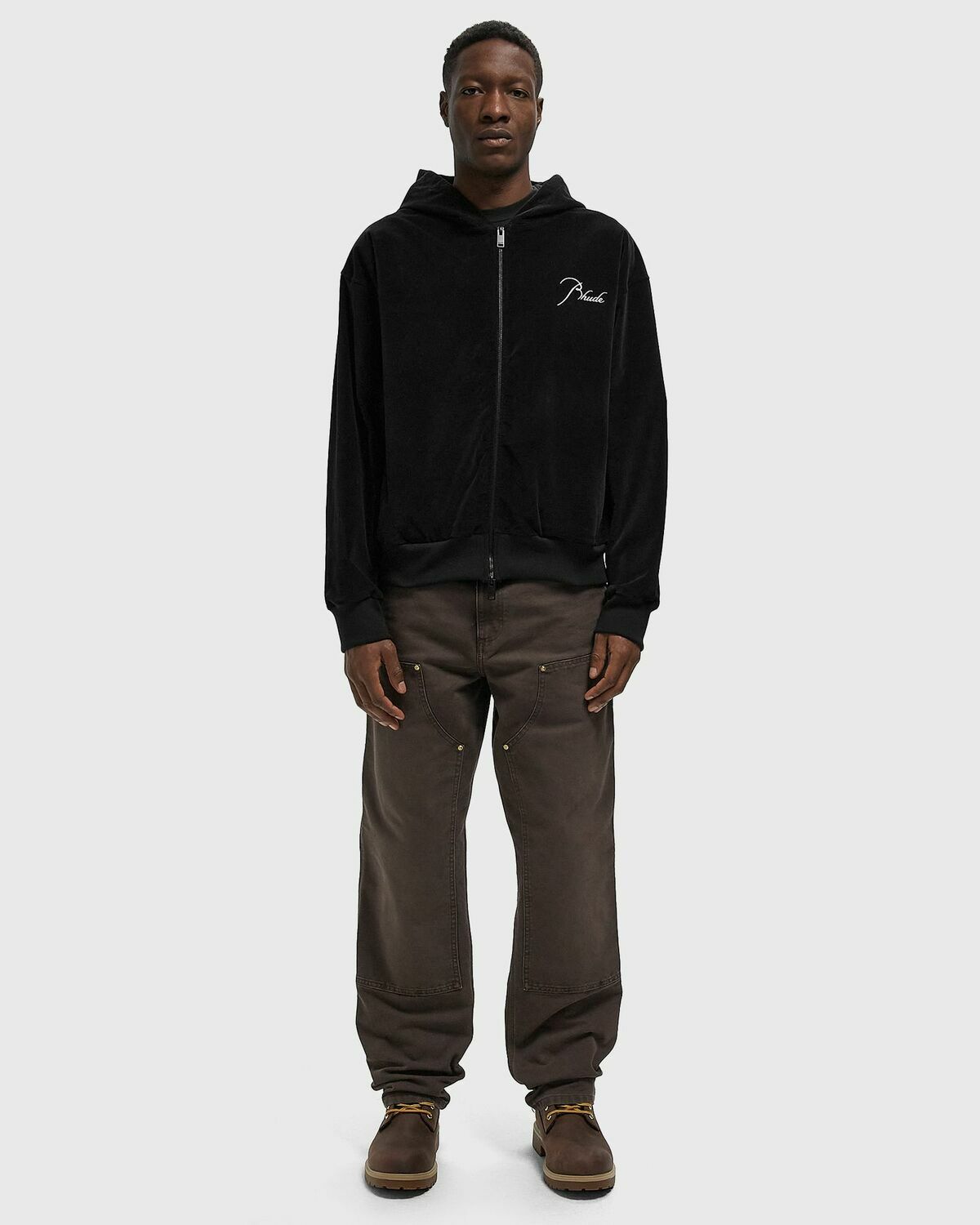 Rhude VELOUR CLASSIQUE ZIP-UP HOODIE Black Mens Zipper