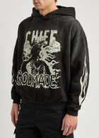 God Made Chief Printed Hooded Cotton Sweatshirt Black