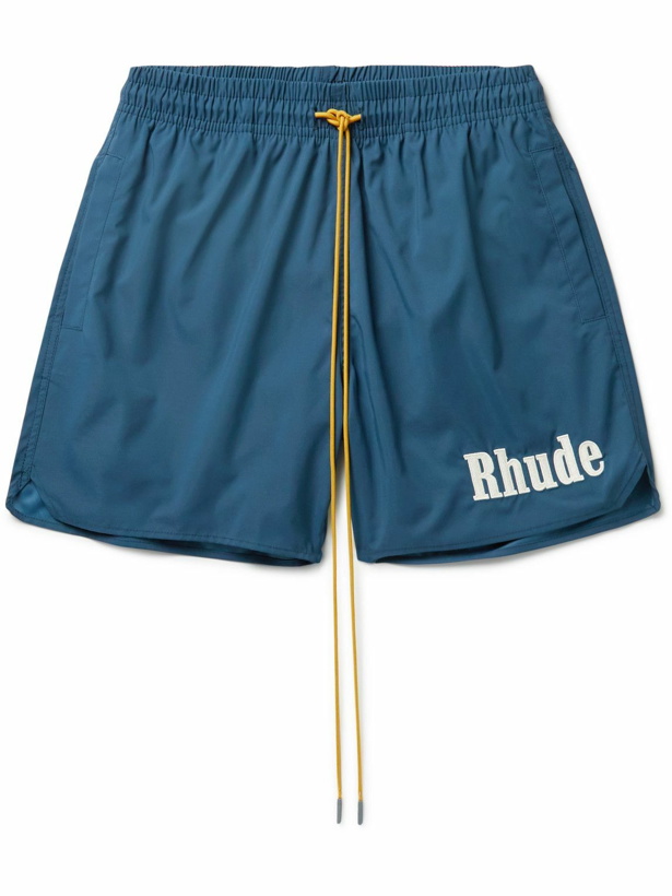 Photo: Rhude - Straight-Leg Mid-Length Logo-Appliquéd Swim Shorts - Blue