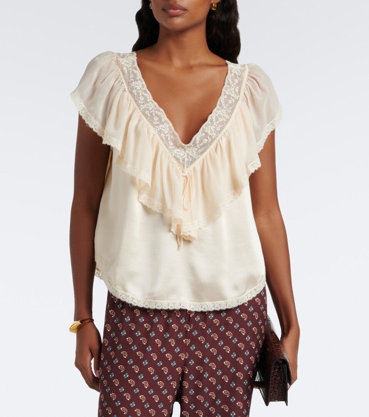 Dôen Yadira lace-trimmed ruffled silk blouse