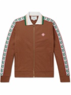 Casablanca - Laurel Logo-Appliquéd Embroidered Organic Cotton-Jersey Zip-Up Cardigan - Brown