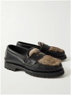 Yuketen - Leather and Faux Fur Penny Loafers - Black