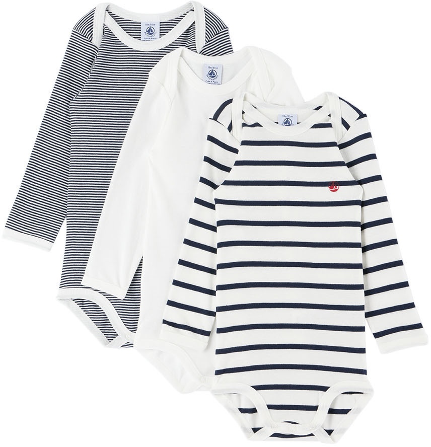 Petit Bateau Baby Three-Pack Navy & White Assorted Bodysuits