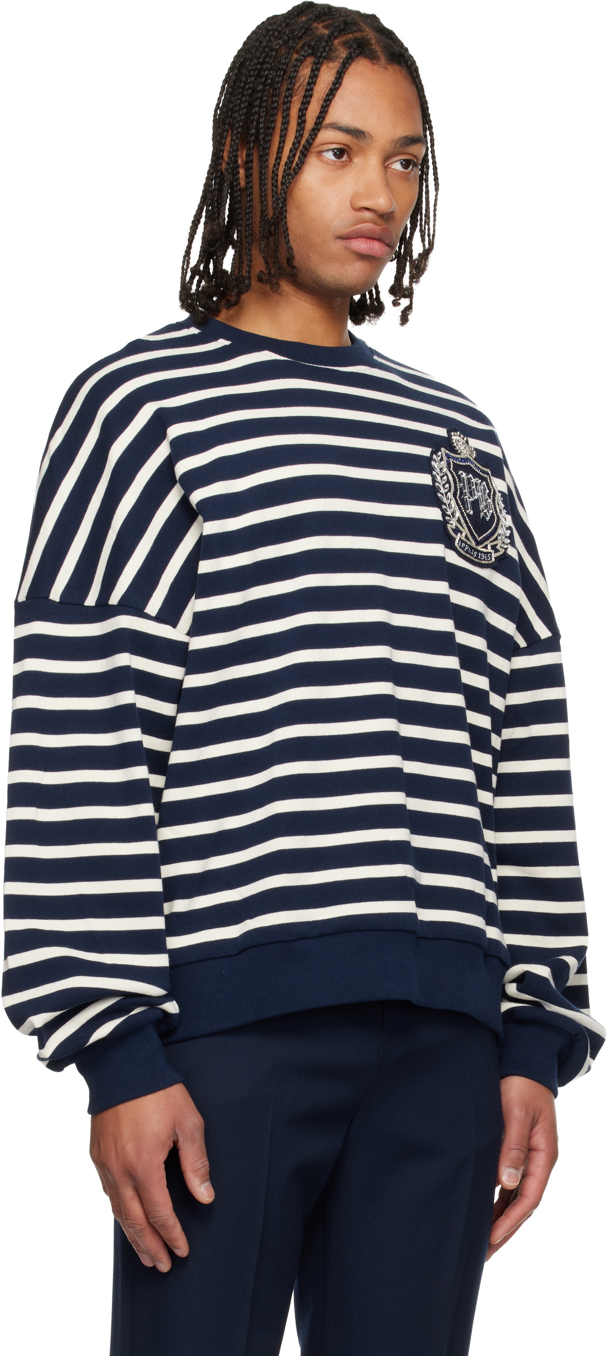 Balmain Navy & White Cotton College Emblem Breton Stripes Sweatshirt