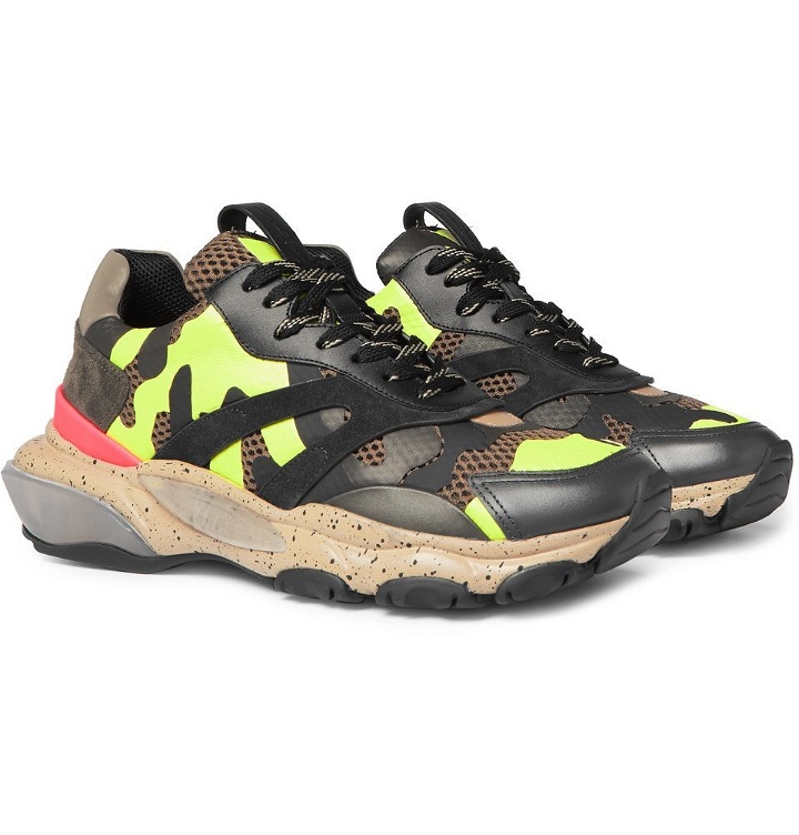 Photo: Valentino - Valentino Garavani Bounce Camouflage-Print Leather, Mesh and Suede Sneakers - Army green