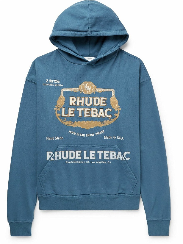 Photo: Rhude - Le Tabac Logo-Embroidered Printed Cotton-Jersey Hoodie - Blue