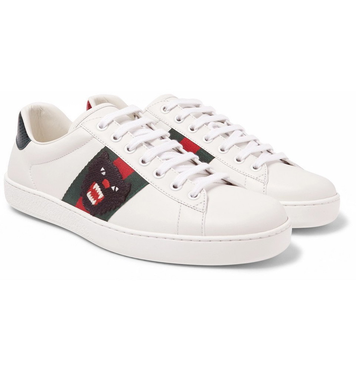 Photo: Gucci - Ace Watersnake-Trimmed Embroidered Leather Sneakers - Men - White