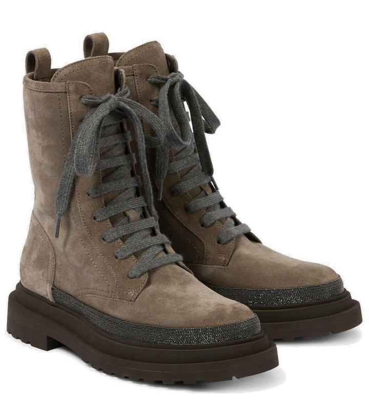 Photo: Brunello Cucinelli Monili-embellished suede combat boots