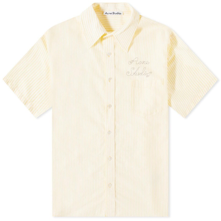 Photo: Acne Studios Men's Sambler Embroidered Short Sleeve Stripe Shirt in Yellow/White