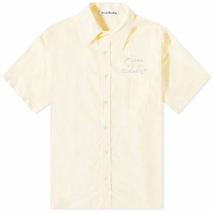 Photo: Acne Studios Men's Sambler Embroidered Short Sleeve Stripe Shirt in Yellow/White