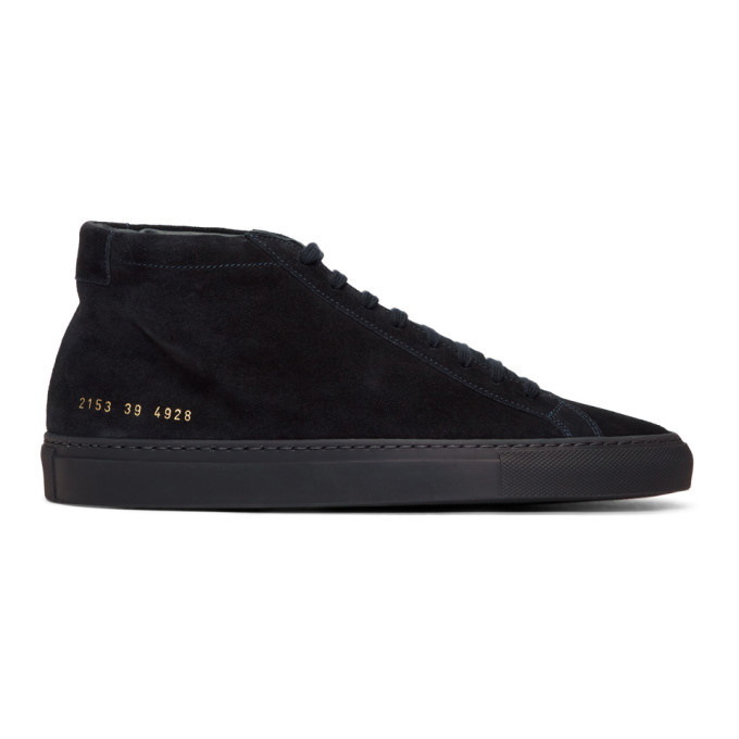 Photo: Common Projects Navy Suede Original Achilles Mid Sneakers