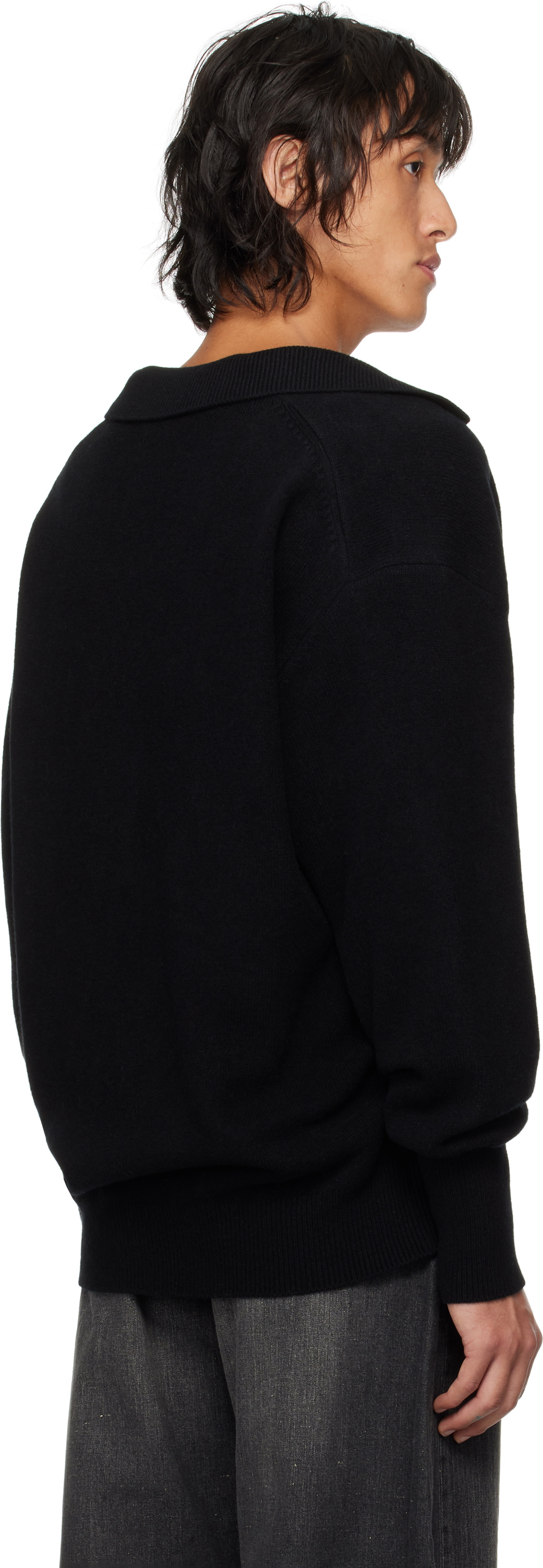 stein Black Extra Fine Wool Knit Skipper Polo