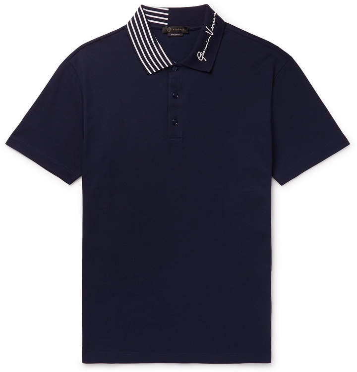 Photo: Versace - Logo-Embroidered Cotton-Piqué Polo Shirt - Blue