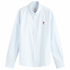 AMI Paris Men's Heart Striped Button Down Oxford Shirt in Sky Blue/Natural White