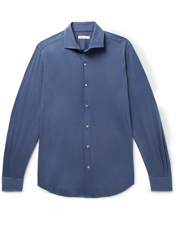 Photo: Loro Piana - Andrew Cutaway-Collar Slim-Fit Cotton-Jersey Shirt - Blue