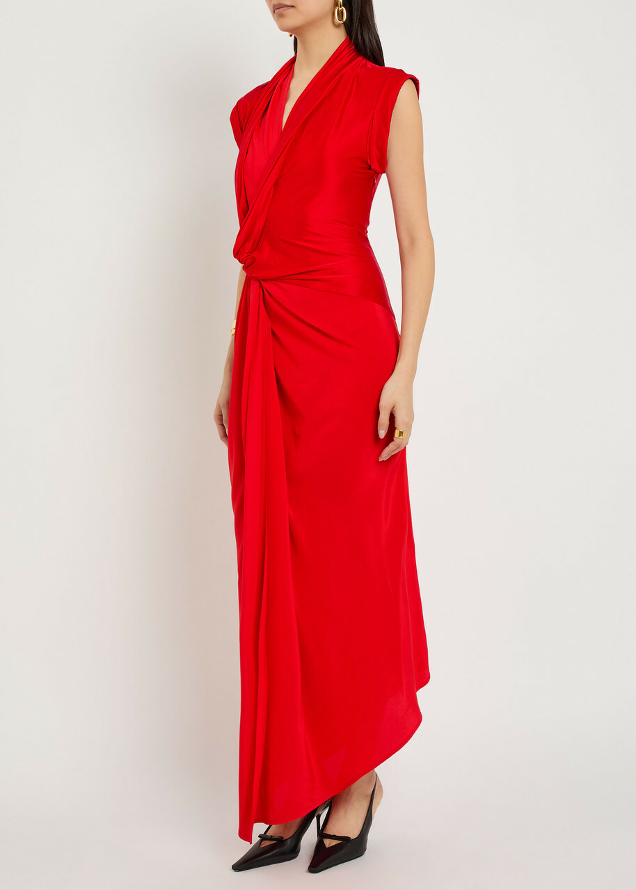 Victoria Beckham Twist Asymmetric Silk and Stretch-jersey Maxi Dress Red