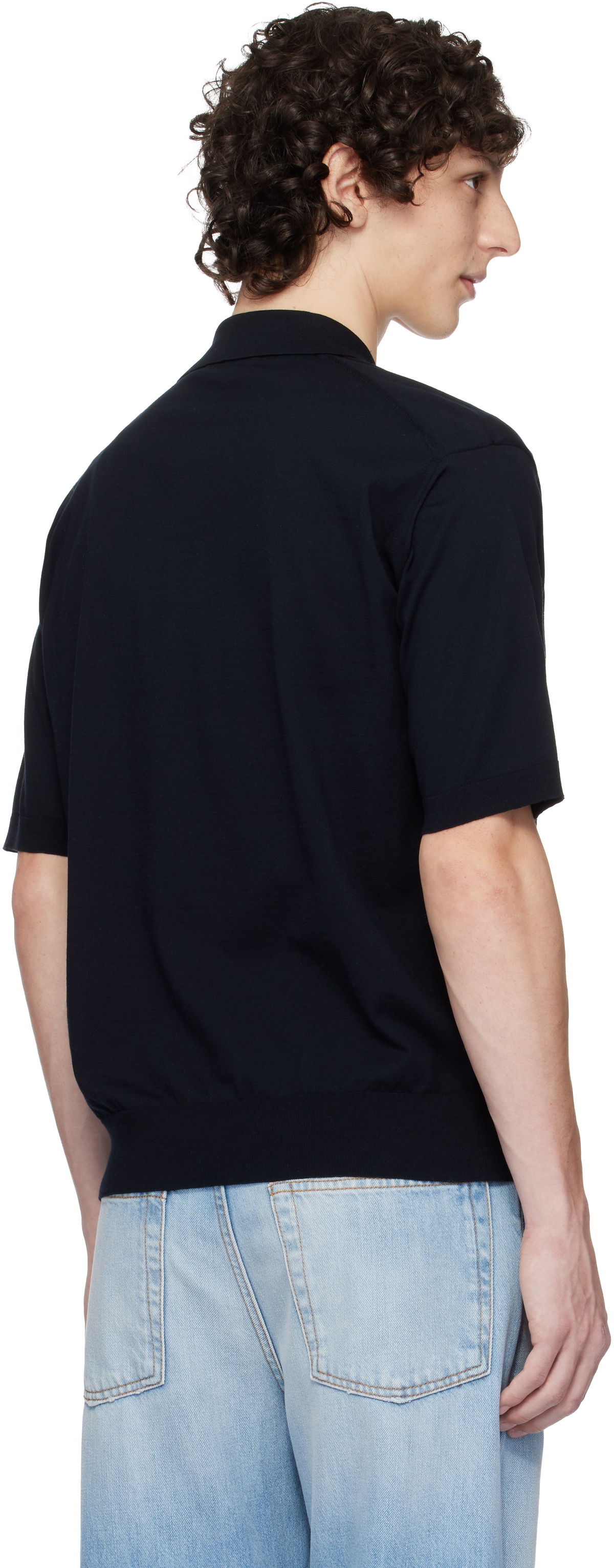 AURALEE Navy Super High Gauge Cotton Knit Polo