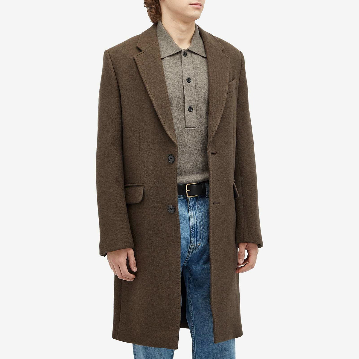 AMI Paris Men's Two Button Herringbone Wool Overcoat in Dark Coffee