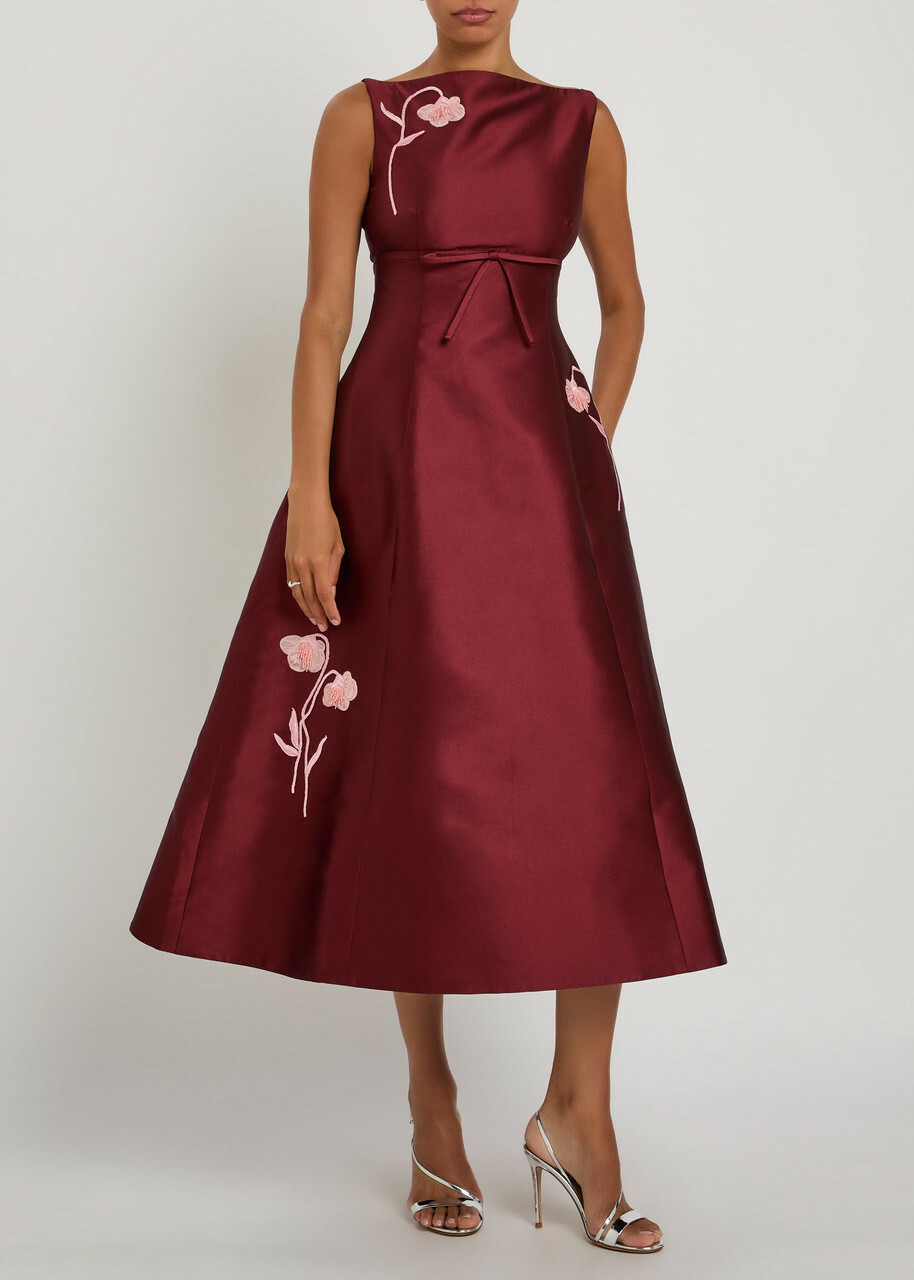 Erdem Floral-embroidered Mikado Satin Midi Dress Bordeaux
