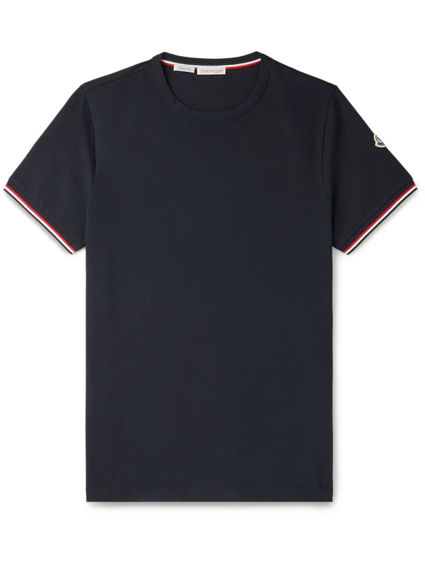 Photo: MONCLER - Contrast-Tipped Stretch-Cotton Jersey T-Shirt - Blue