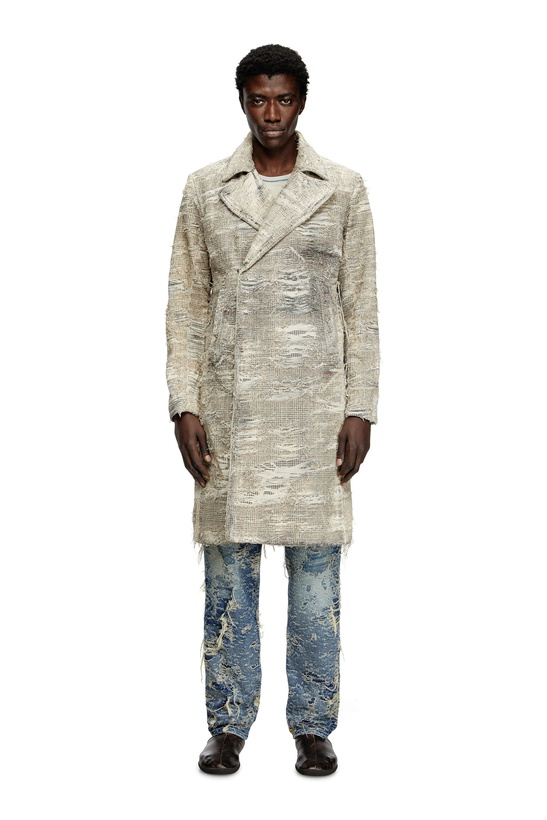 Photo: Diesel Coat in distressed Prince of Wales denim - Denim Jackets Mens in Grey