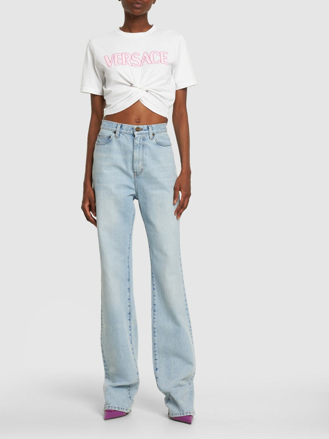 VERSACE - Logo Print Cotton Crop T-shirt W/pin Versace
