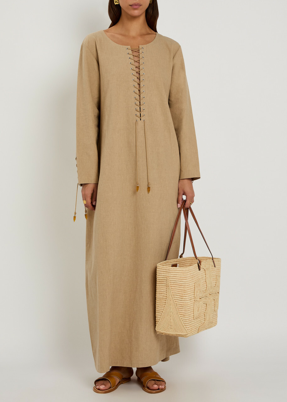 Tory Burch Lace-up Linen-blend Maxi Tunic Dress Sand