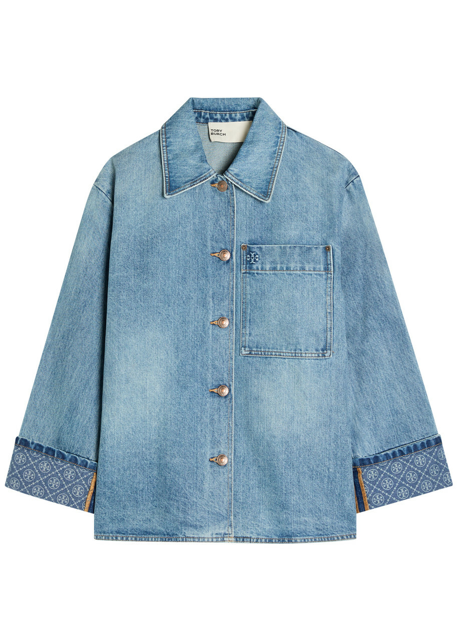 Tory Burch Logo Washed Denim Barn Jacket Blue