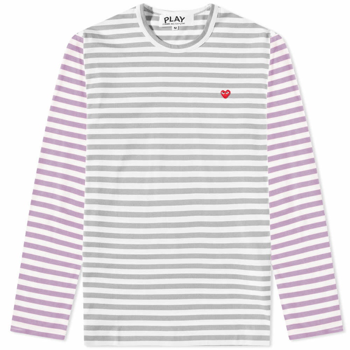 Photo: Comme des Garçons Play Men's Long Sleeve Stripe Bi-Colour T-Shirt in Grey/Purple