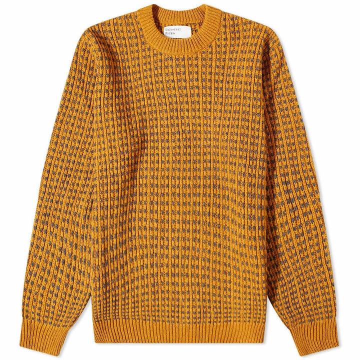 Photo: Universal Works Men's Patterned Crew Knit in Cumin/Grey