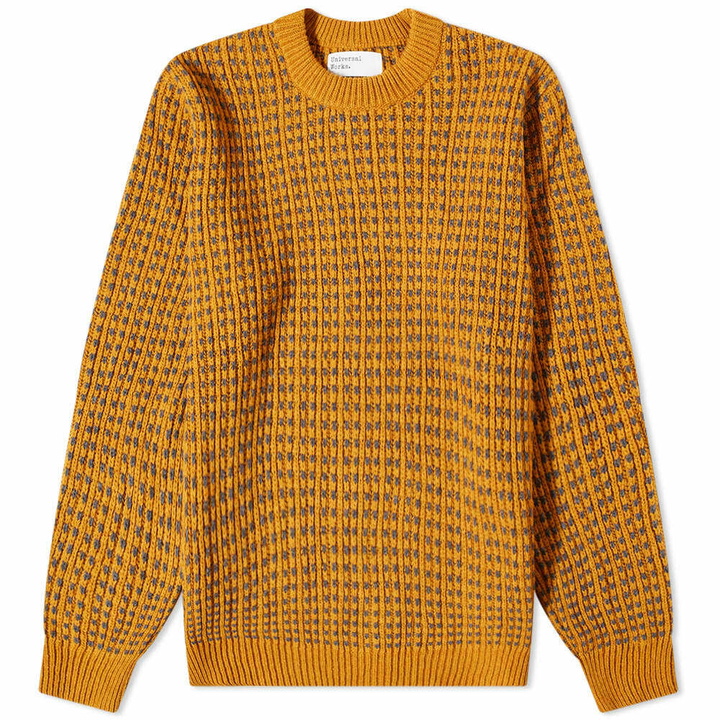 Photo: Universal Works Men's Patterned Crew Knit in Cumin/Grey