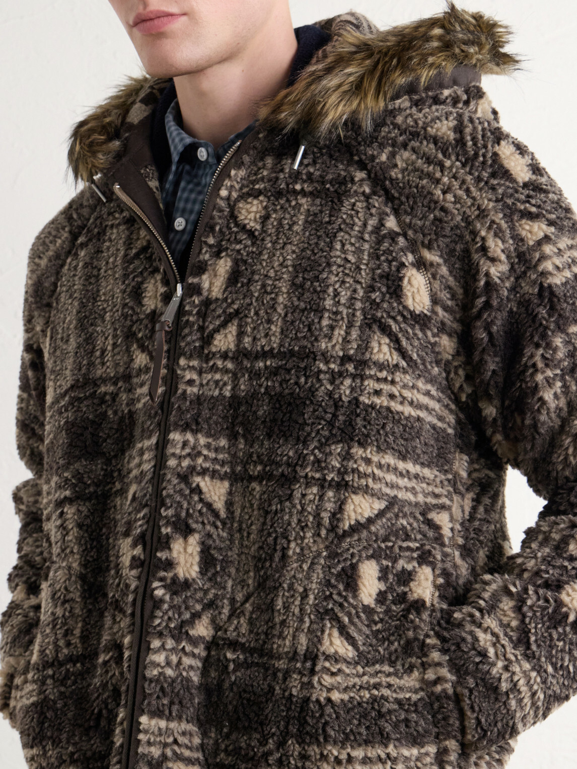 RRL - Hooded Plush-Trimmed Fleece Jacket - Brown