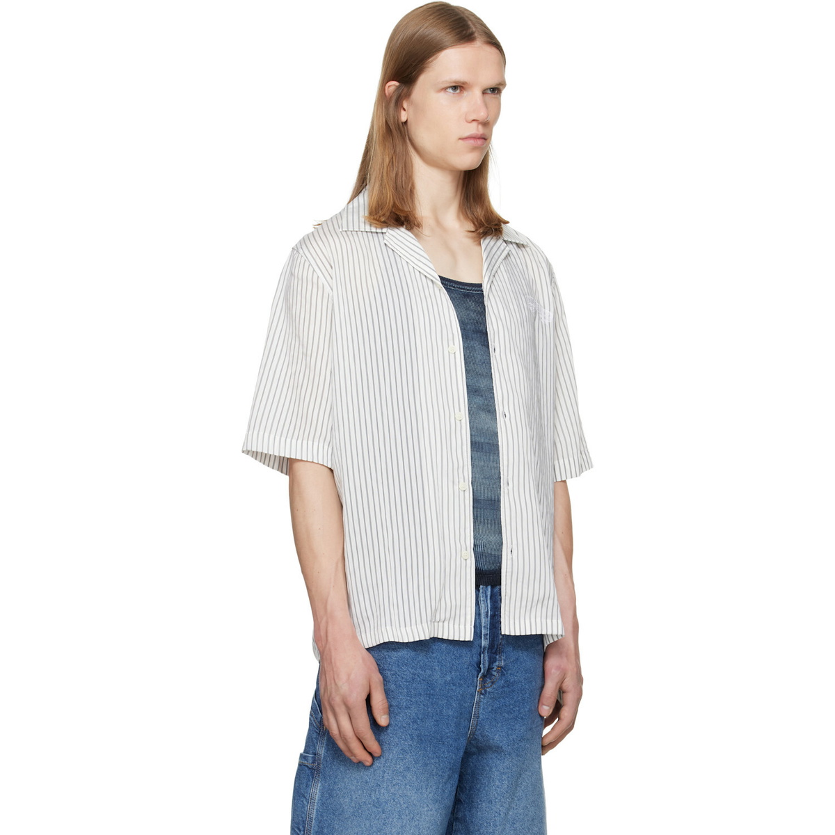 Diesel White & Gray Half-Sleeve Pinstripe Modal Shirt