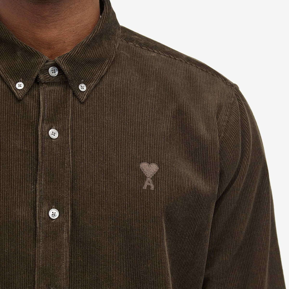 AMI Paris Men's Corduroy Tonal Heart Button Down Shirt in Dark Coffee
