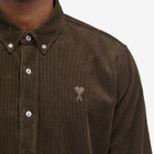 AMI Paris Men's Corduroy Tonal Heart Button Down Shirt in Dark Coffee