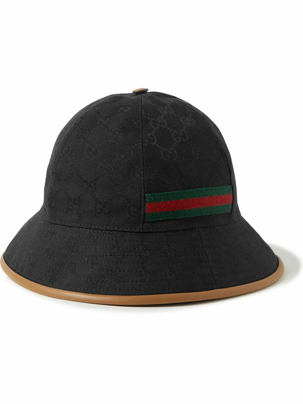 Photo: GUCCI - Leather and Webbing-Trimmed Monogrammed Canvas Bucket Hat - Black