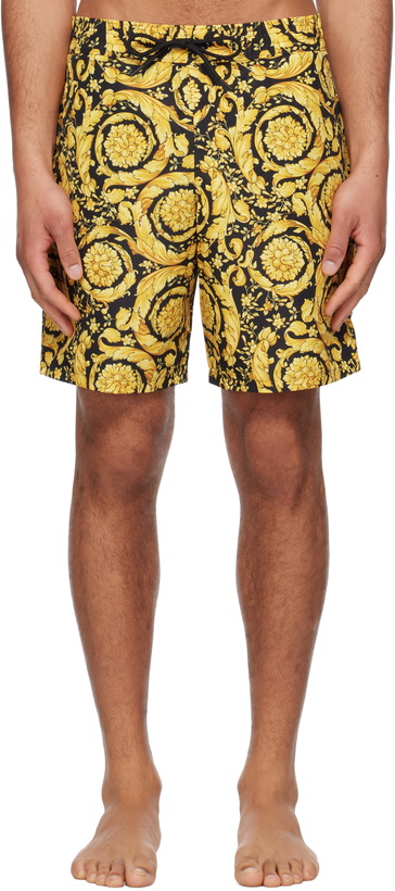 Photo: Versace Underwear Yellow & Black Barocco Swim Shorts