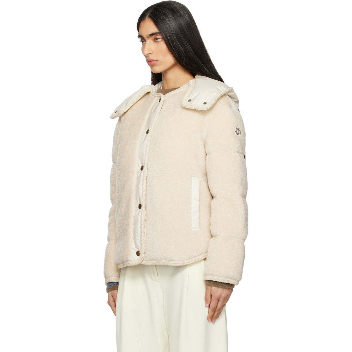 Moncler Beige Ciboulette Braided Trim Teddy Hooded Down Jacket
