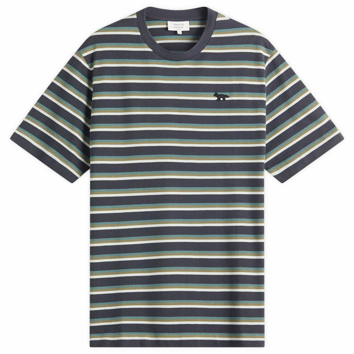 Photo: Maison Kitsuné Men's Profile Fox Patch Striped Comfort T-Shirt in Soft Teal/Bay Leaf/Cirrus Blue